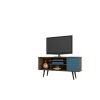 Manhattan Comfort Liberty 53.14" Mid-Century Modern TV Stand with 5 Shelves and 1 Door in Rustic Brown and Aqua Blue with Solid Wood Legs